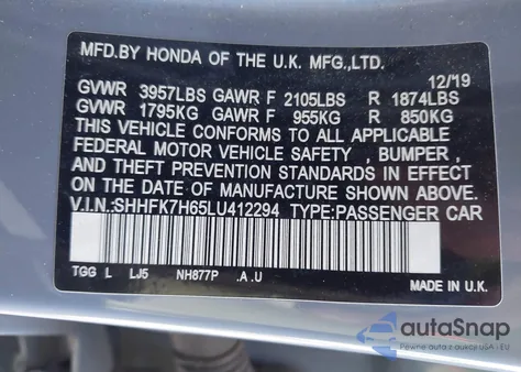 2020 Honda Civic Ex z USA, uszkodzony, nr VIN SHHFK7H65LU412294